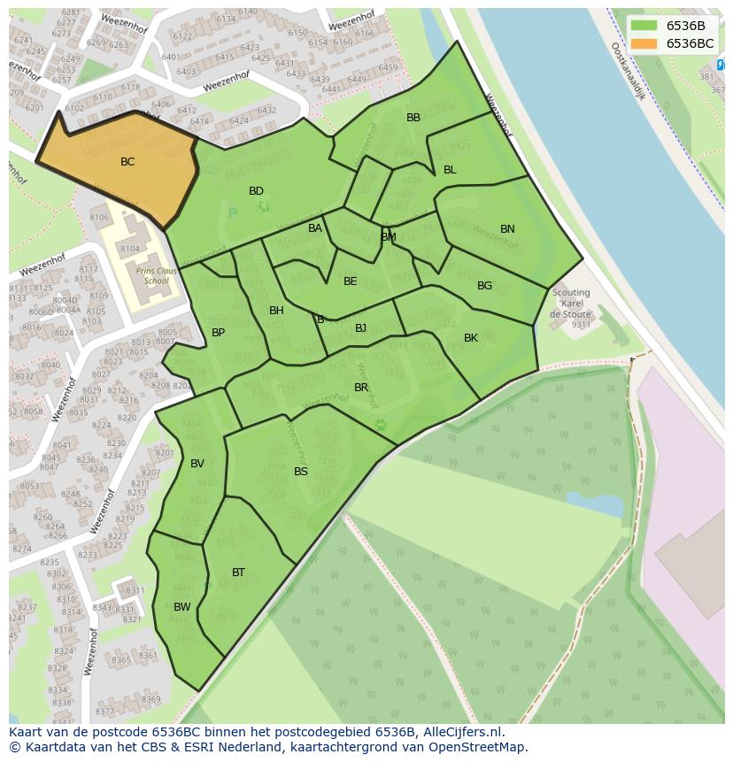 Afbeelding van het postcodegebied 6536 BC op de kaart.