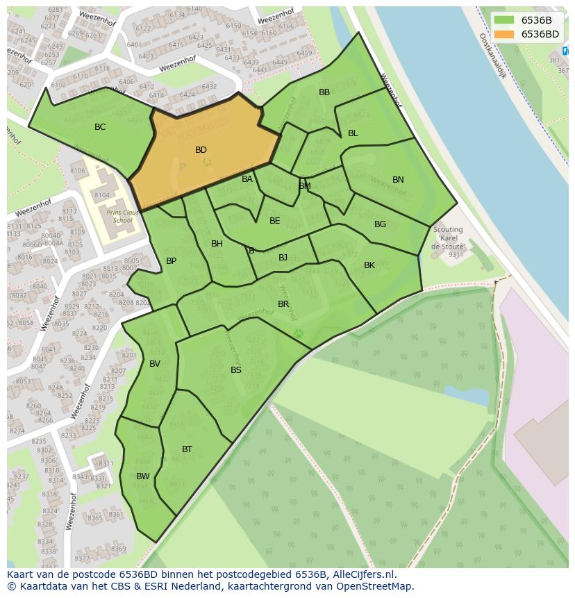 Afbeelding van het postcodegebied 6536 BD op de kaart.