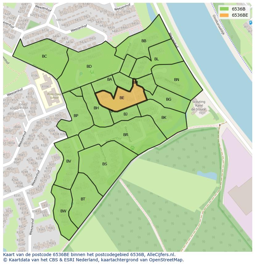 Afbeelding van het postcodegebied 6536 BE op de kaart.