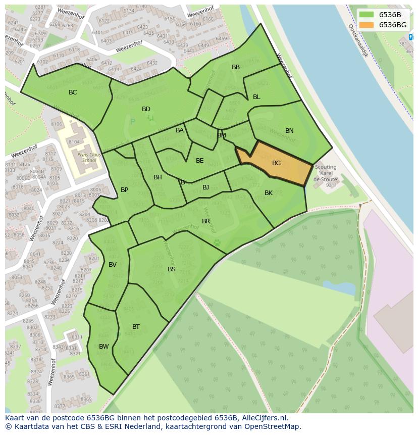 Afbeelding van het postcodegebied 6536 BG op de kaart.