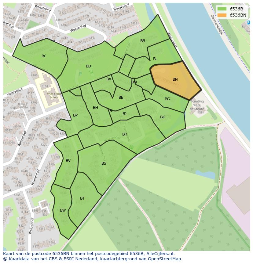 Afbeelding van het postcodegebied 6536 BN op de kaart.