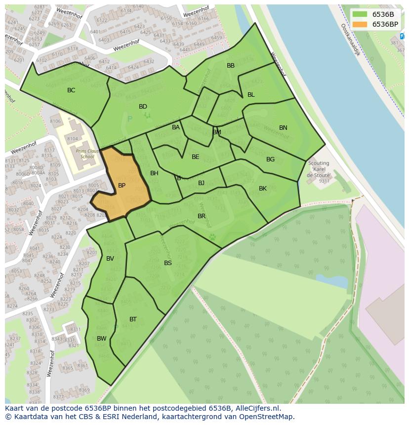Afbeelding van het postcodegebied 6536 BP op de kaart.