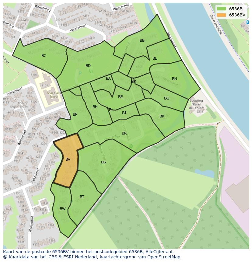 Afbeelding van het postcodegebied 6536 BV op de kaart.
