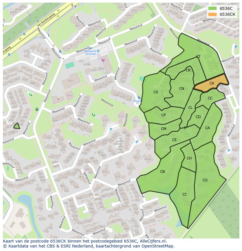 Afbeelding van het postcodegebied 6536 CK op de kaart.