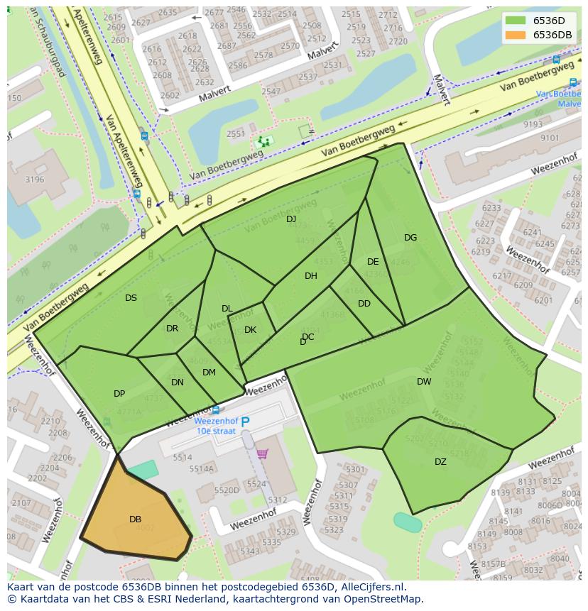 Afbeelding van het postcodegebied 6536 DB op de kaart.