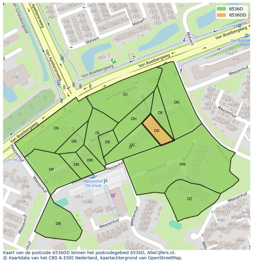Afbeelding van het postcodegebied 6536 DD op de kaart.