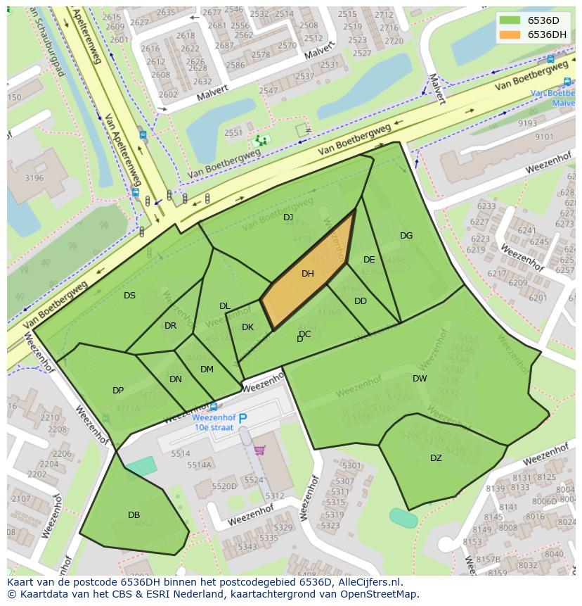 Afbeelding van het postcodegebied 6536 DH op de kaart.