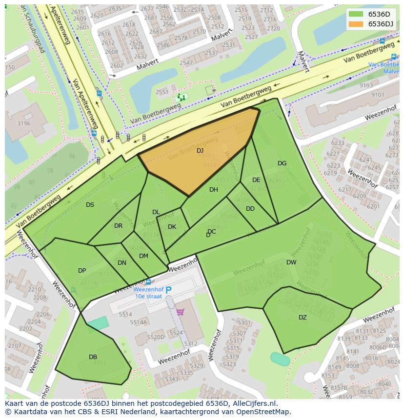 Afbeelding van het postcodegebied 6536 DJ op de kaart.