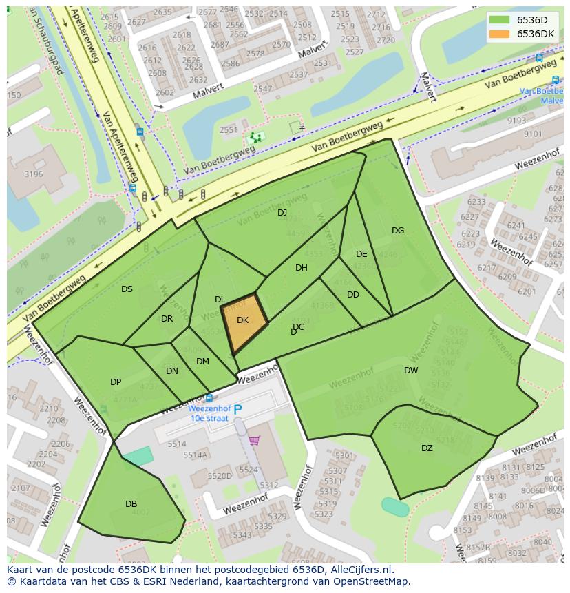 Afbeelding van het postcodegebied 6536 DK op de kaart.