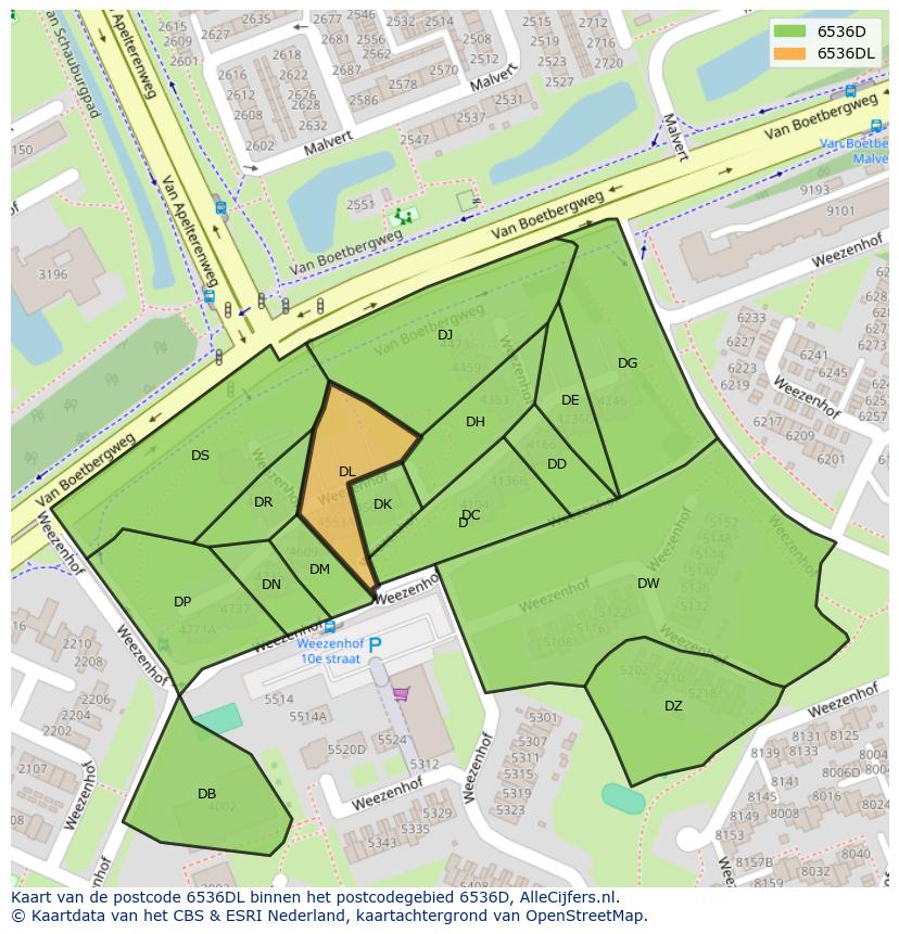 Afbeelding van het postcodegebied 6536 DL op de kaart.