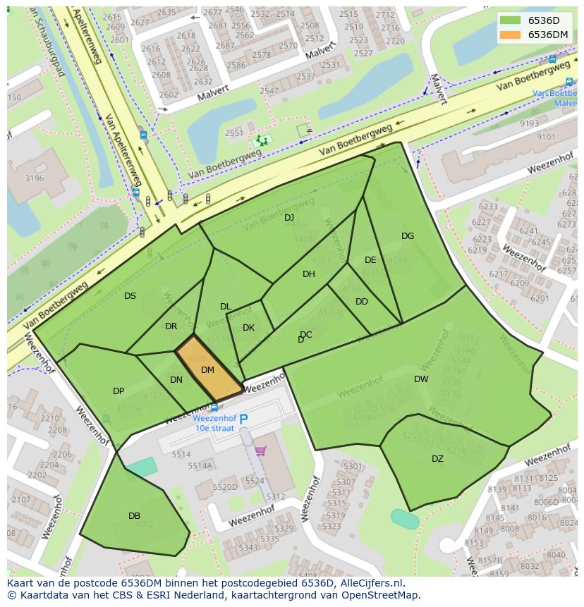 Afbeelding van het postcodegebied 6536 DM op de kaart.