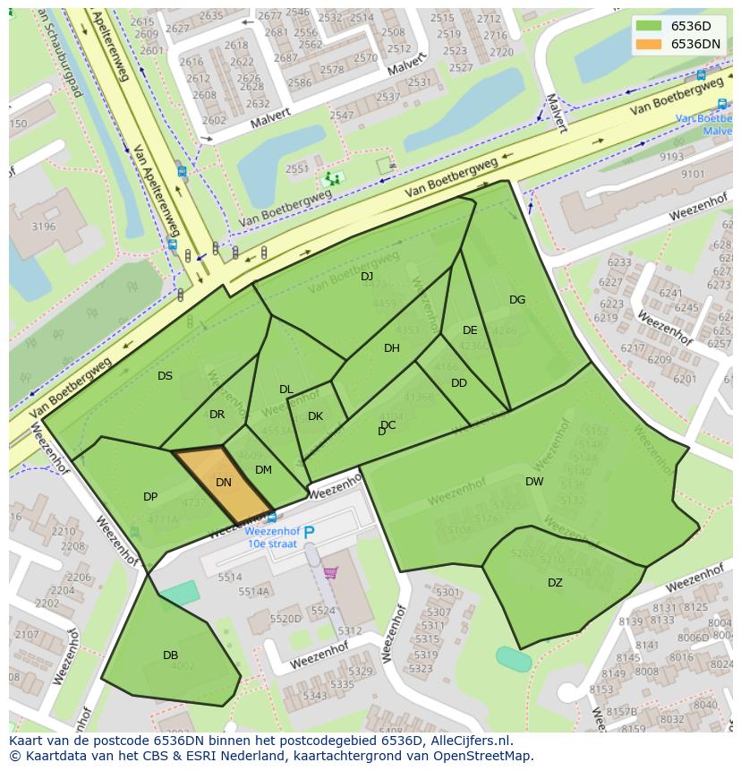 Afbeelding van het postcodegebied 6536 DN op de kaart.