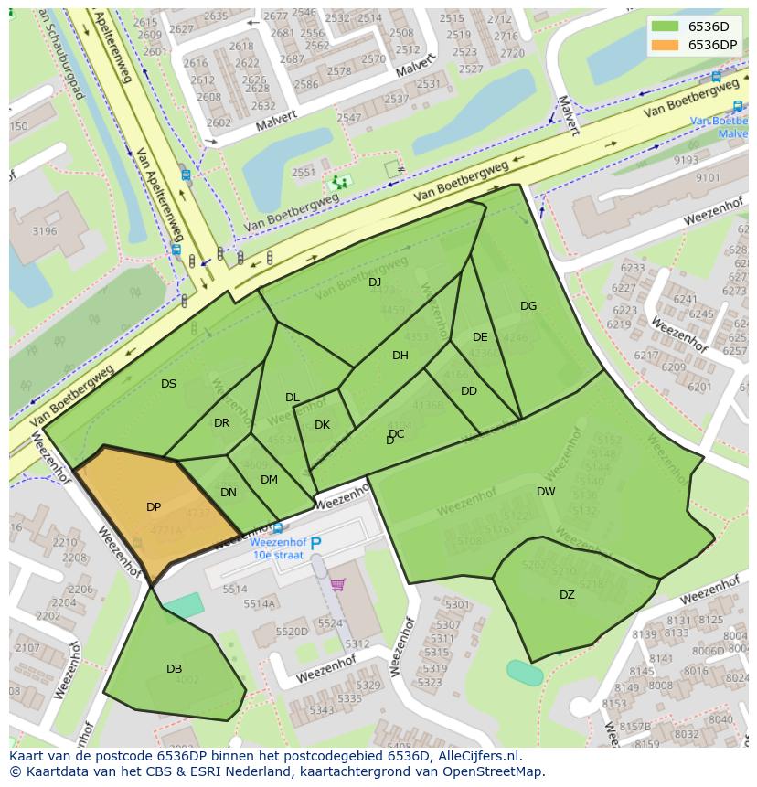 Afbeelding van het postcodegebied 6536 DP op de kaart.