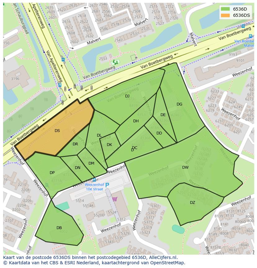 Afbeelding van het postcodegebied 6536 DS op de kaart.