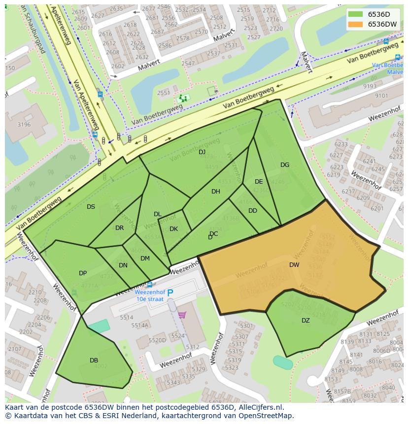Afbeelding van het postcodegebied 6536 DW op de kaart.