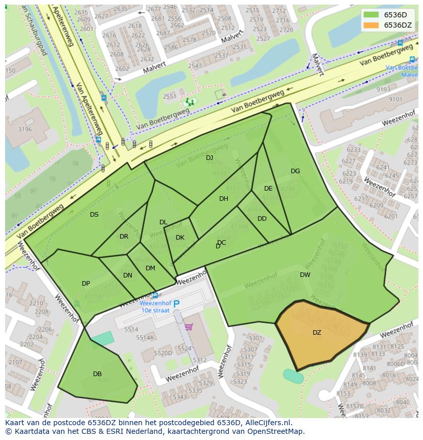 Afbeelding van het postcodegebied 6536 DZ op de kaart.