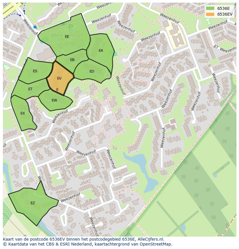 Afbeelding van het postcodegebied 6536 EV op de kaart.