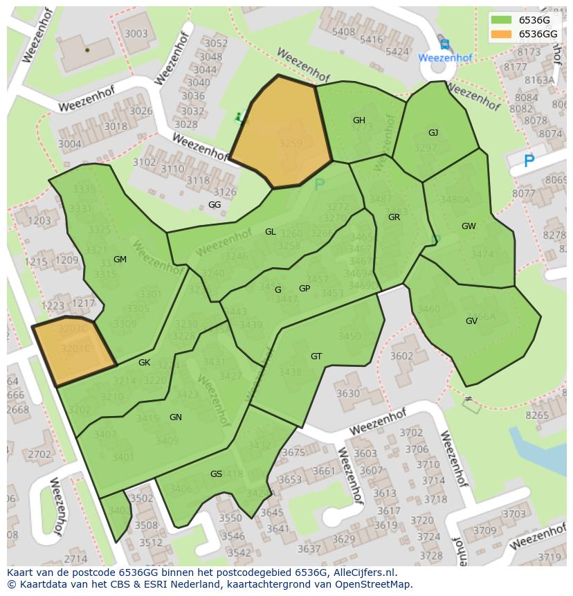 Afbeelding van het postcodegebied 6536 GG op de kaart.