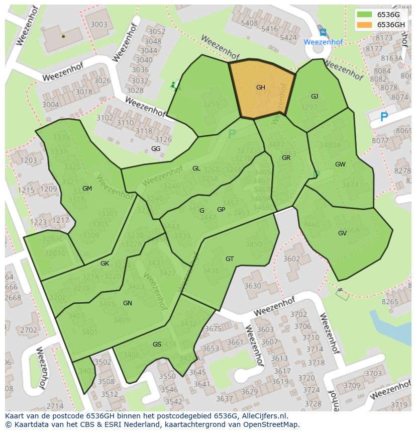 Afbeelding van het postcodegebied 6536 GH op de kaart.