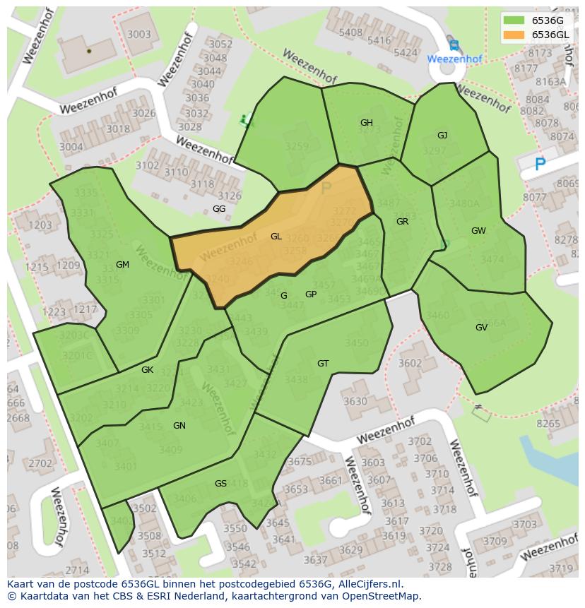 Afbeelding van het postcodegebied 6536 GL op de kaart.