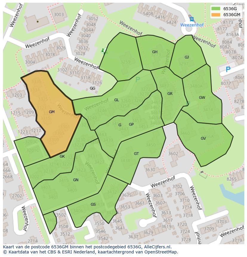 Afbeelding van het postcodegebied 6536 GM op de kaart.