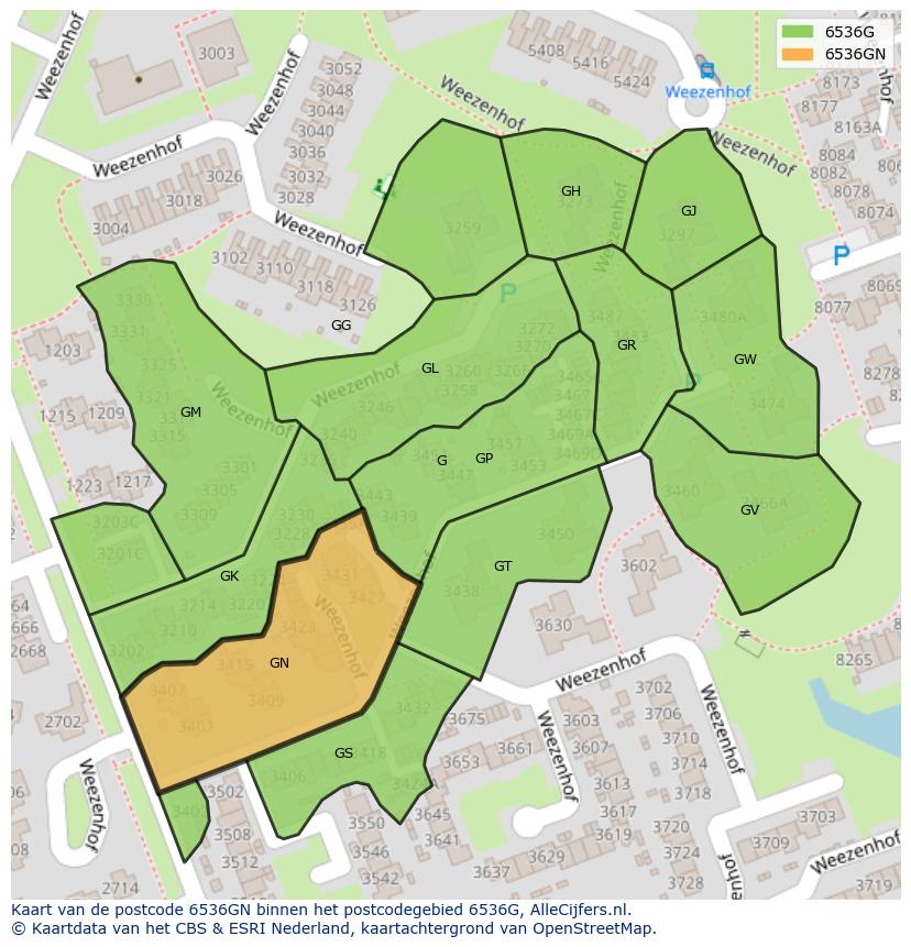 Afbeelding van het postcodegebied 6536 GN op de kaart.