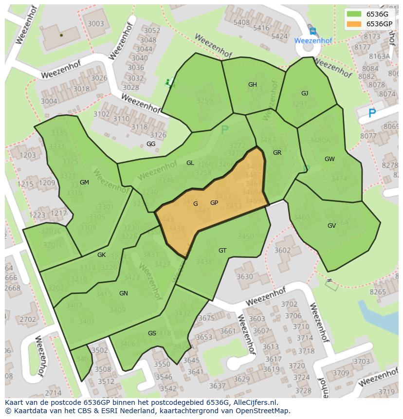 Afbeelding van het postcodegebied 6536 GP op de kaart.