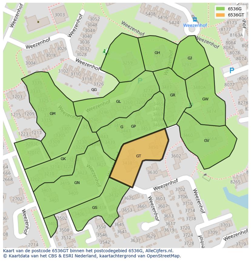 Afbeelding van het postcodegebied 6536 GT op de kaart.