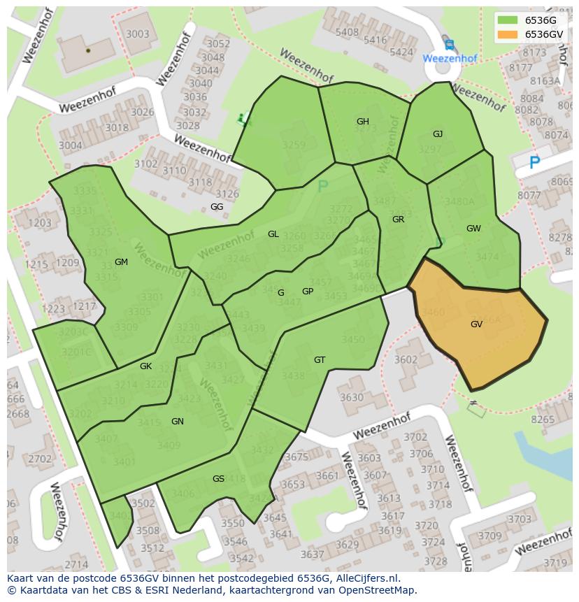 Afbeelding van het postcodegebied 6536 GV op de kaart.