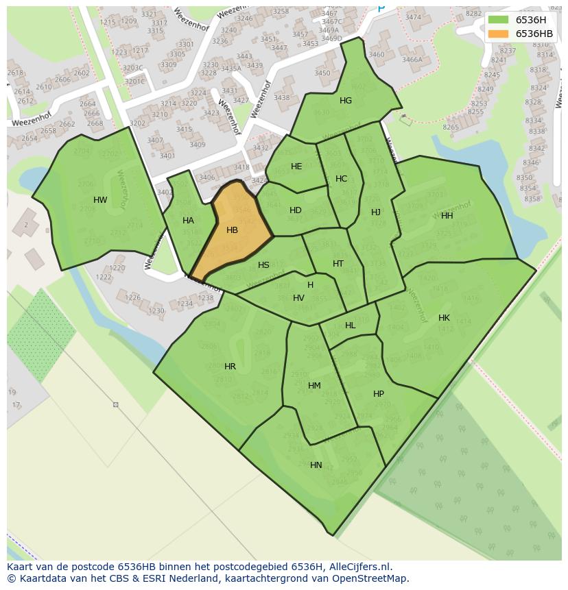 Afbeelding van het postcodegebied 6536 HB op de kaart.