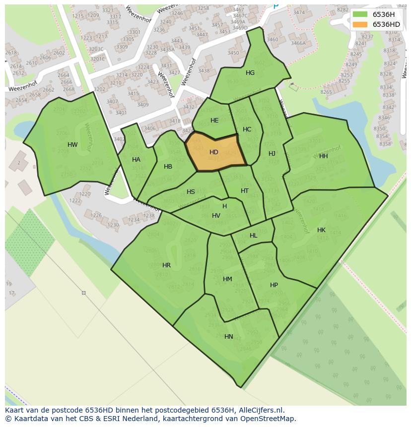 Afbeelding van het postcodegebied 6536 HD op de kaart.