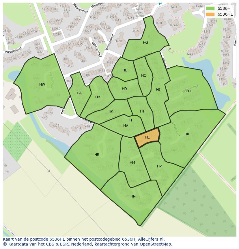 Afbeelding van het postcodegebied 6536 HL op de kaart.