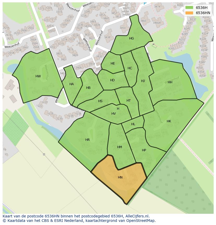 Afbeelding van het postcodegebied 6536 HN op de kaart.
