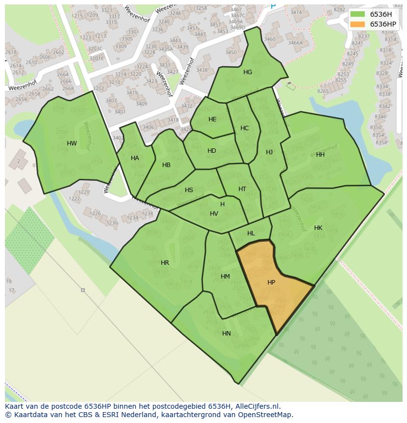 Afbeelding van het postcodegebied 6536 HP op de kaart.