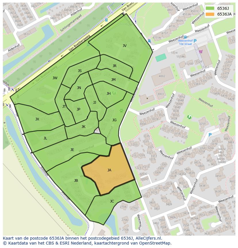 Afbeelding van het postcodegebied 6536 JA op de kaart.