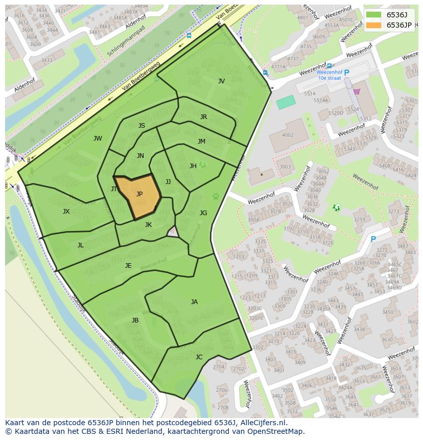 Afbeelding van het postcodegebied 6536 JP op de kaart.