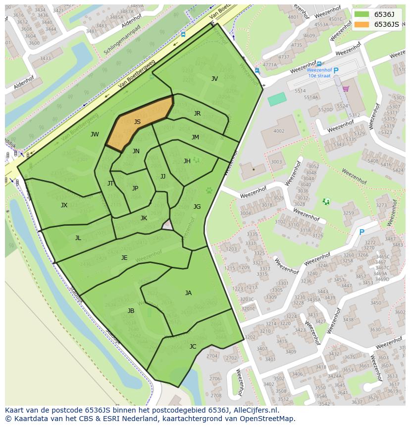 Afbeelding van het postcodegebied 6536 JS op de kaart.