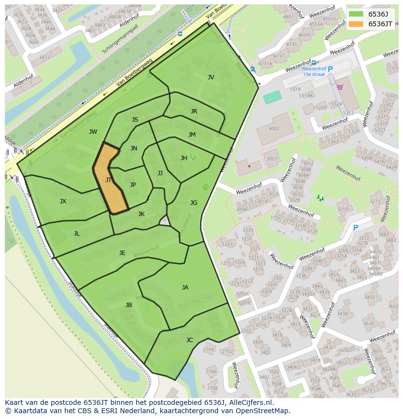 Afbeelding van het postcodegebied 6536 JT op de kaart.