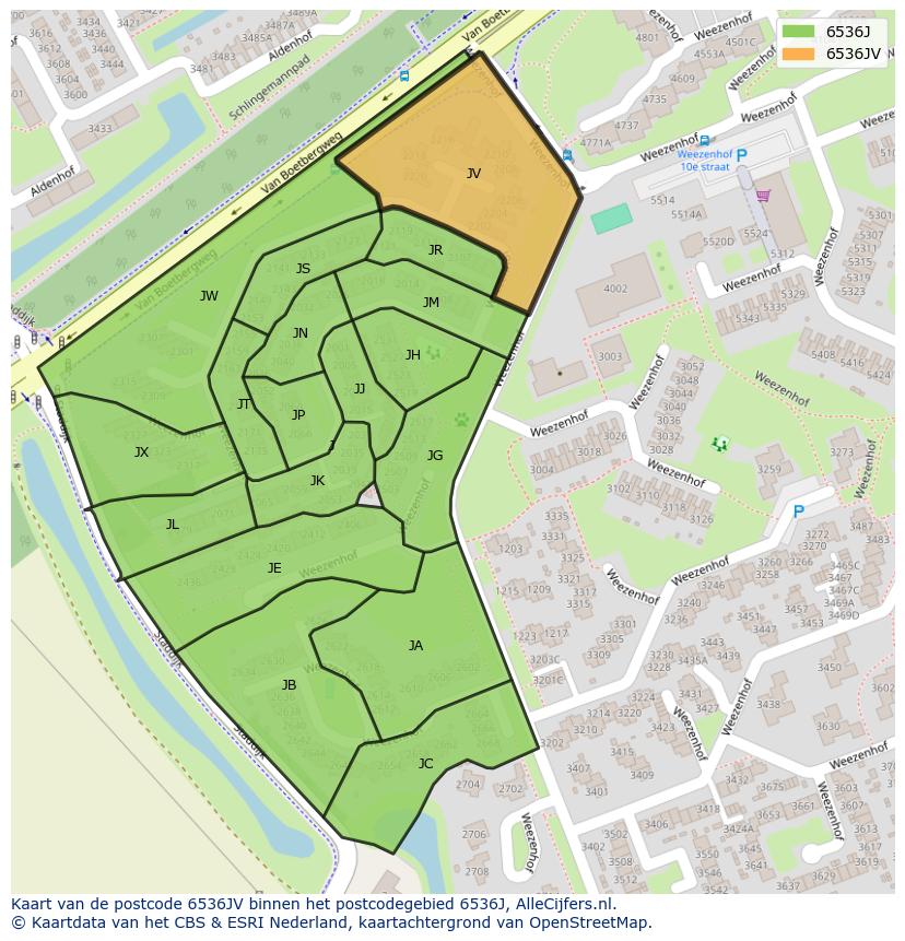 Afbeelding van het postcodegebied 6536 JV op de kaart.