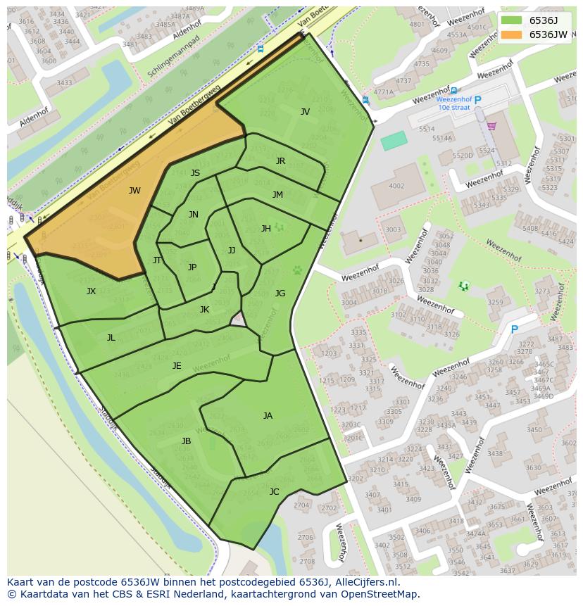 Afbeelding van het postcodegebied 6536 JW op de kaart.