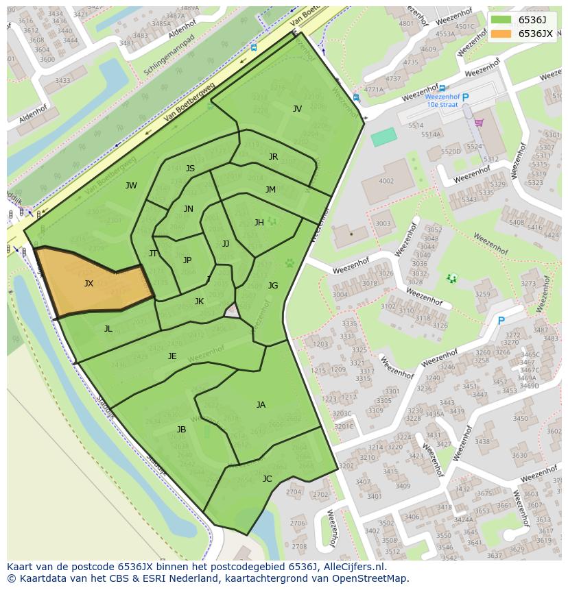 Afbeelding van het postcodegebied 6536 JX op de kaart.