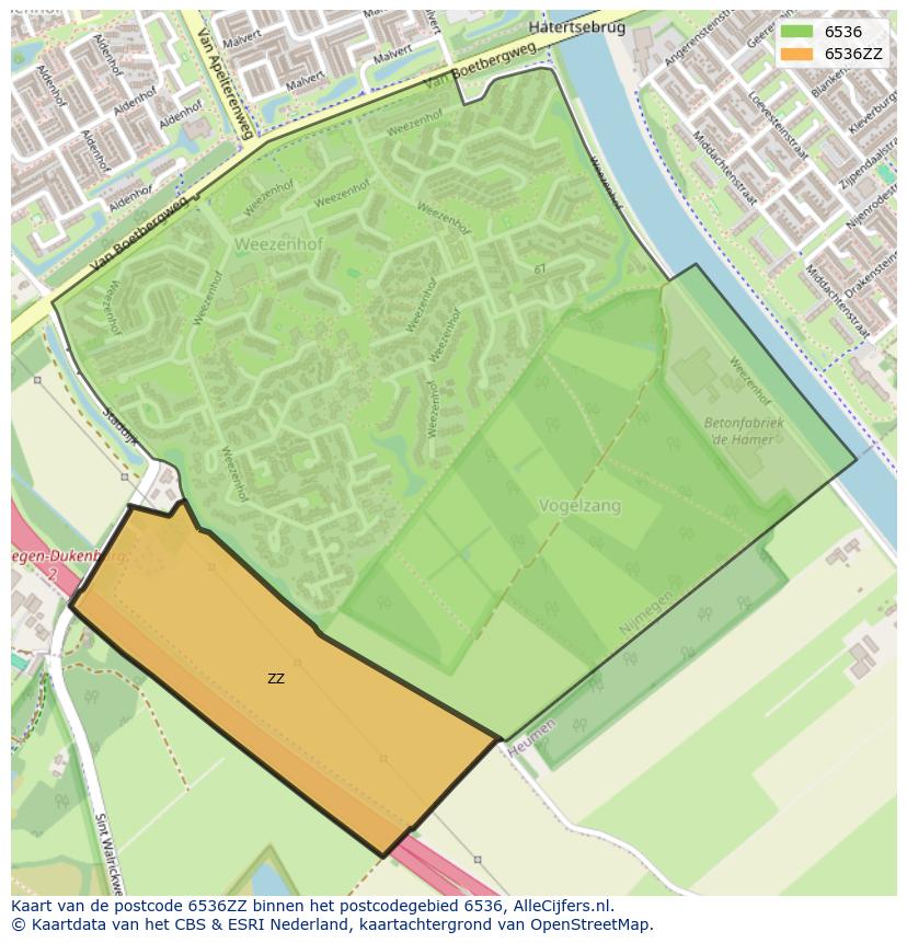 Afbeelding van het postcodegebied 6536 ZZ op de kaart.