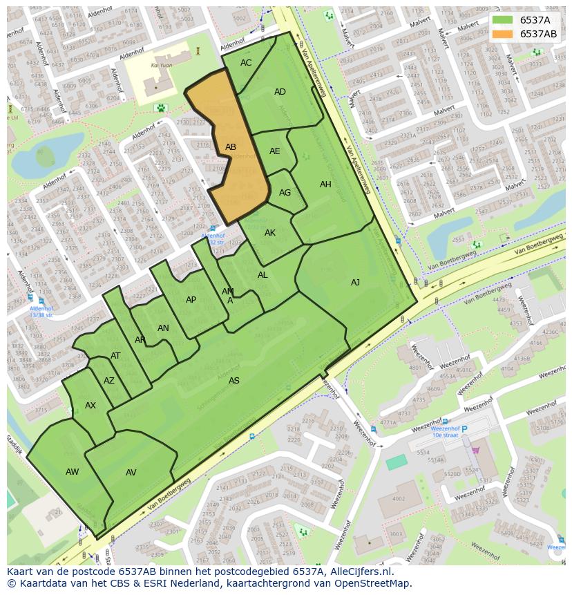 Afbeelding van het postcodegebied 6537 AB op de kaart.