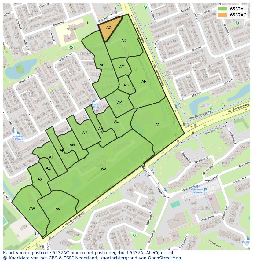Afbeelding van het postcodegebied 6537 AC op de kaart.
