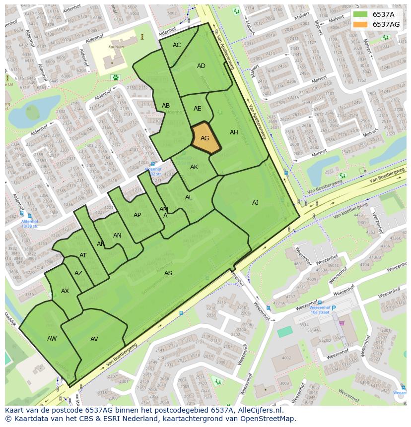 Afbeelding van het postcodegebied 6537 AG op de kaart.