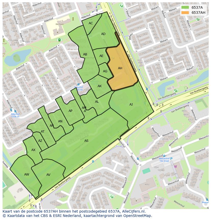 Afbeelding van het postcodegebied 6537 AH op de kaart.