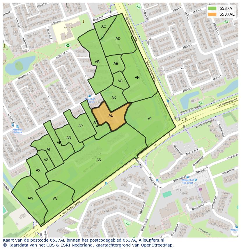 Afbeelding van het postcodegebied 6537 AL op de kaart.