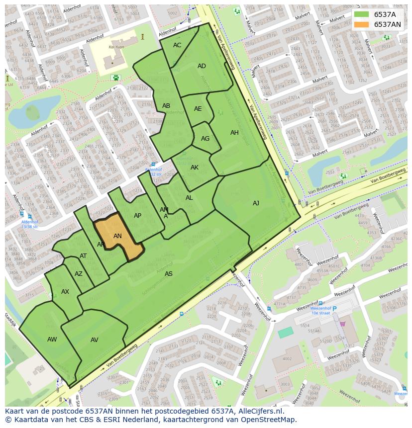 Afbeelding van het postcodegebied 6537 AN op de kaart.