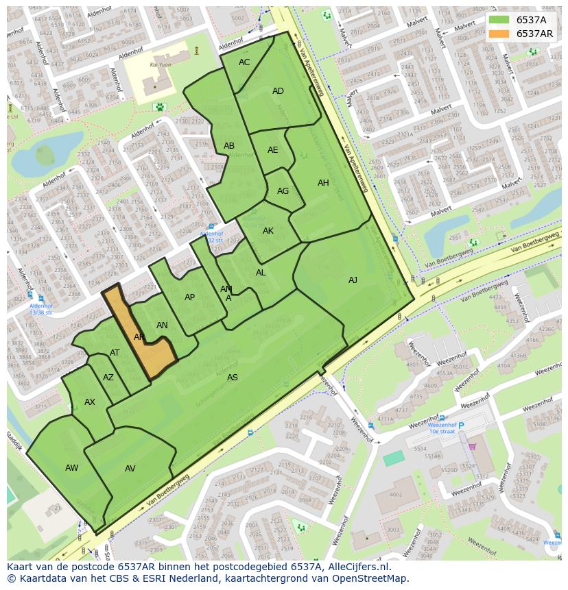 Afbeelding van het postcodegebied 6537 AR op de kaart.