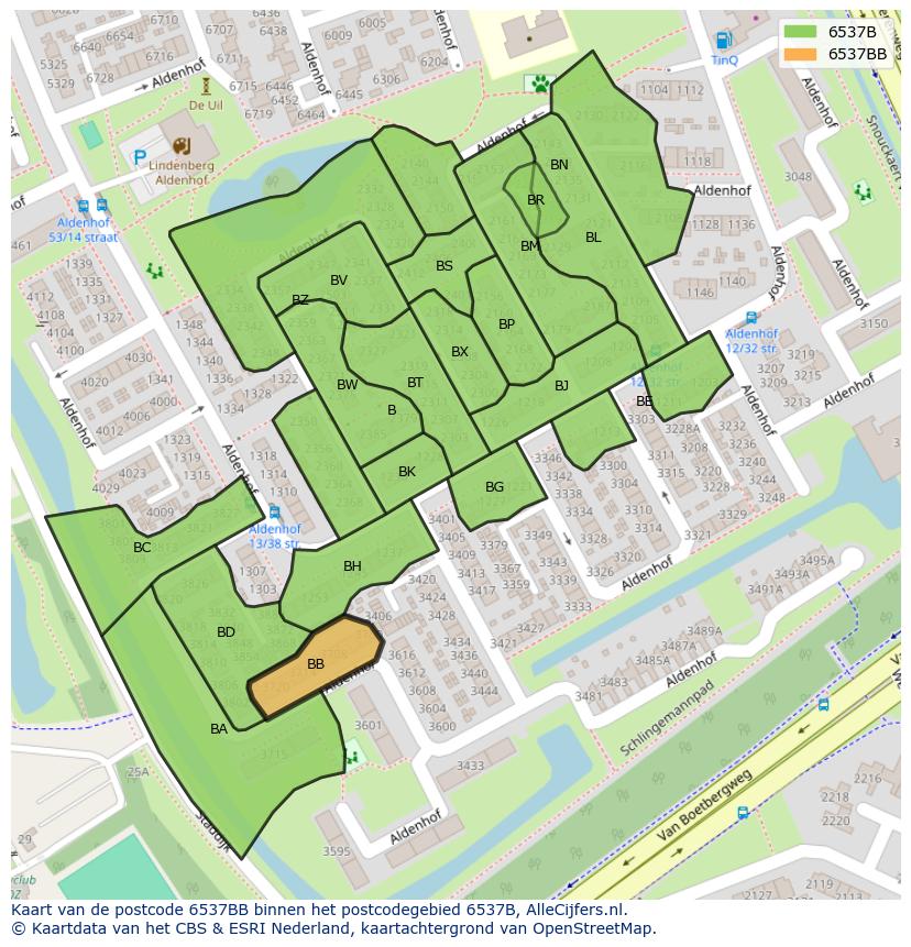 Afbeelding van het postcodegebied 6537 BB op de kaart.